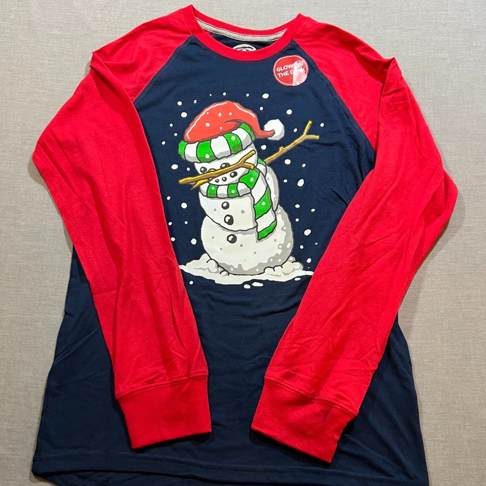 Christmas Glow In The Dark Snowman Shirt Boys XL Blue Long Sleeve Pullover.